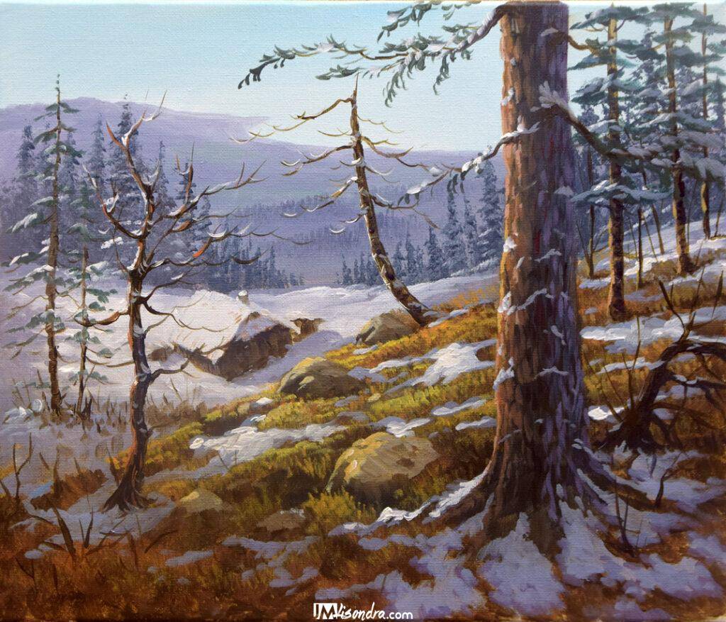 Overlooking Winter Forest - Acrylic Painting in Canvas by JMLisondra