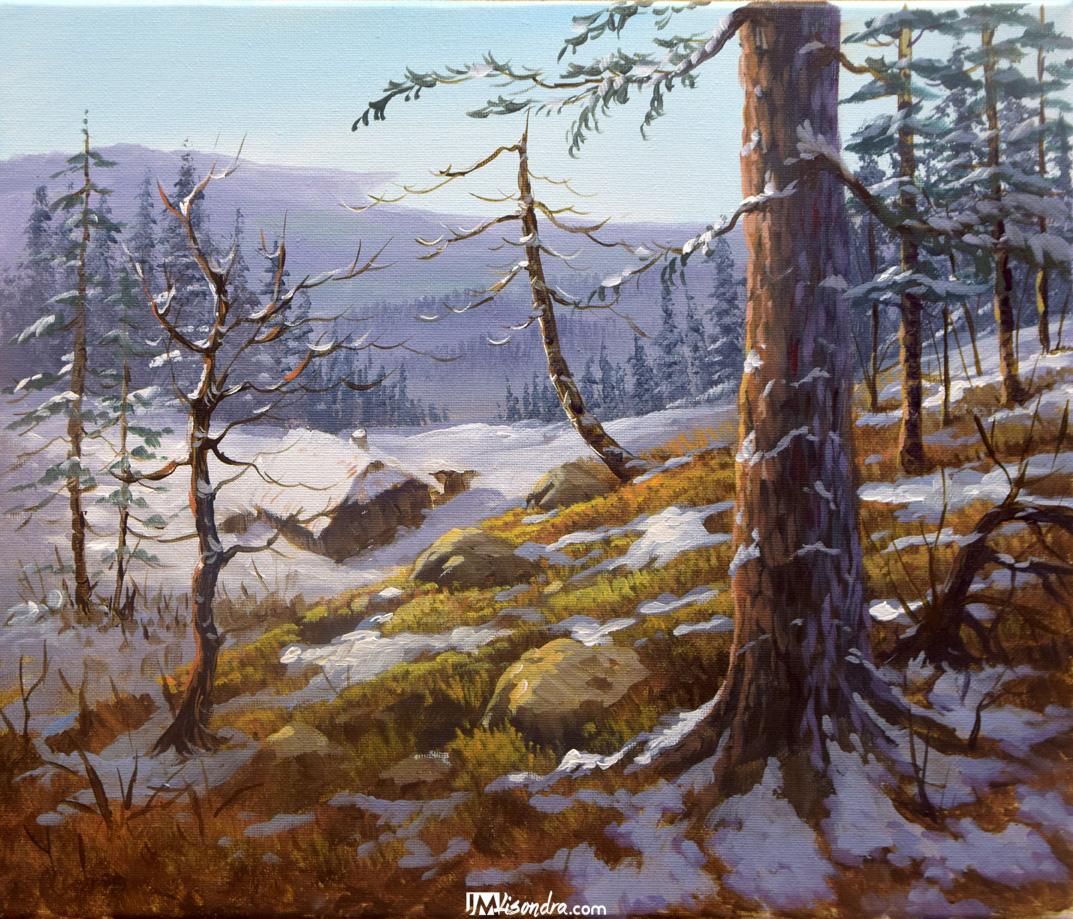 Overlooking Winter Forest - Acrylic Painting in Canvas by JMLisondra 1 Overlooking Winter Forest - Acrylic Painting in Canvas by JMLisondra