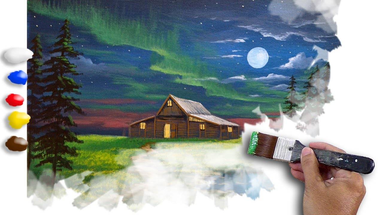 Acrylic Painting Landscape Cabin in Moonlight / Time-lapse / JMLisondra