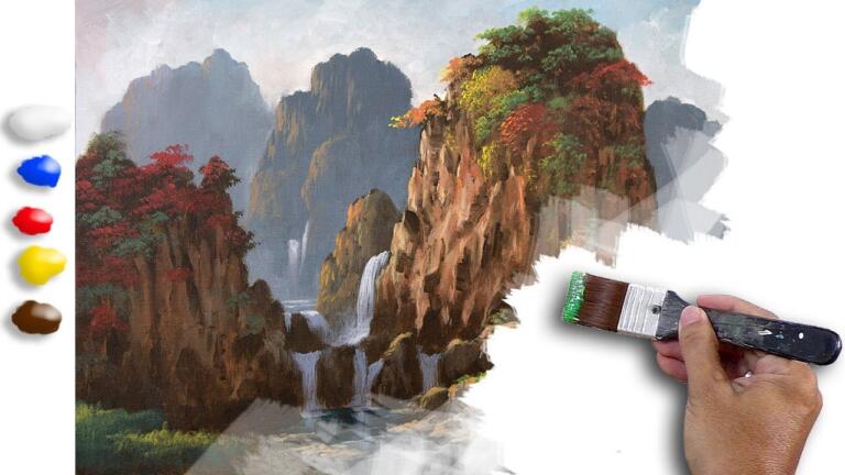 Landscape Painting Mountains and Waterfalls in Acrylics / Time-lapse / JMLisondra