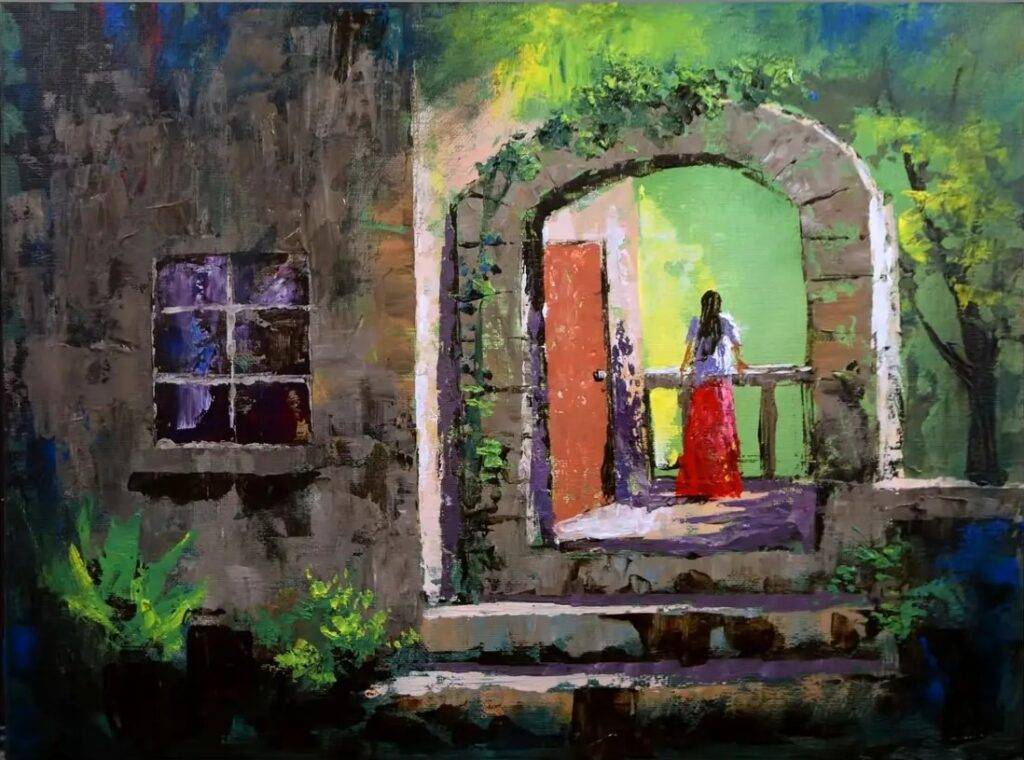 acrylic painting using palette knife - girl in balcony