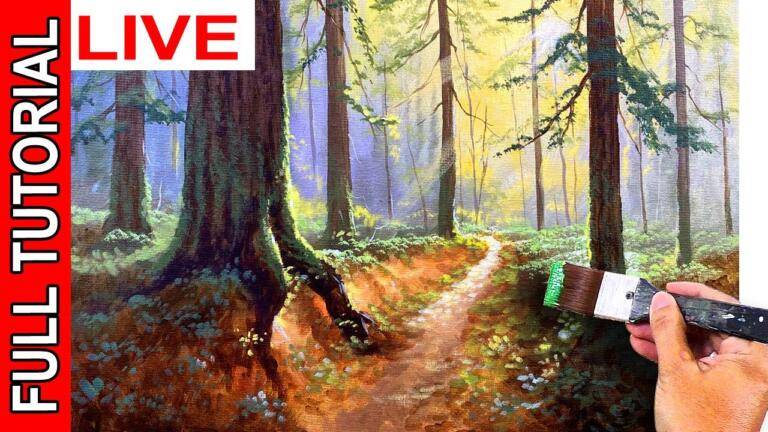 Painting a Forest Path with Detailed Tree Trunks in Acrylics / JMLisondra