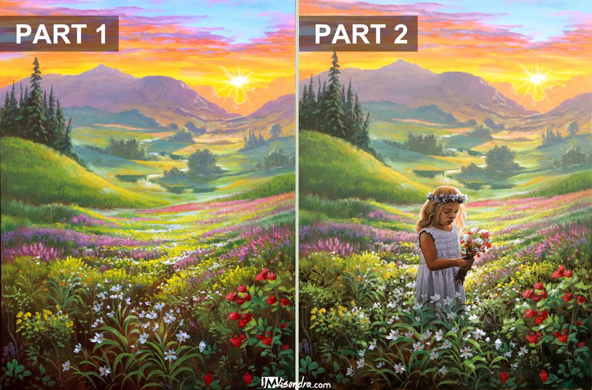 How to Paint Sunset with a Girl Picking Flowers - Full Step by Step Painting Tutorial in Acrylics 4 overlooking sunset - adding girl picking flowers - Copy - Copy - Copy