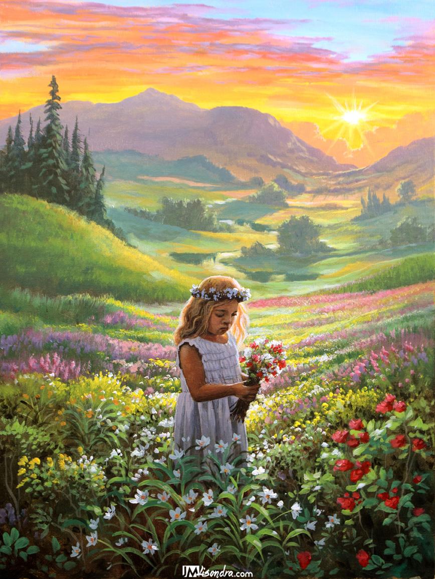 How to Paint Sunset with a Girl Picking Flowers - Full Step by Step Painting Tutorial in Acrylics 3 overlooking sunset - adding girl picking flowers - Copy