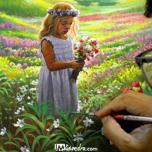 overlooking sunset girl picking flower