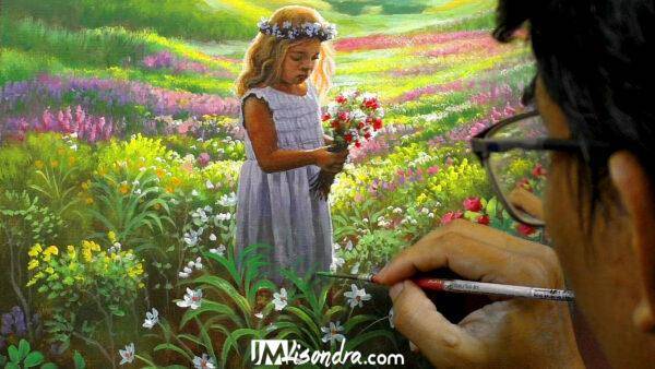overlooking sunset girl picking flower