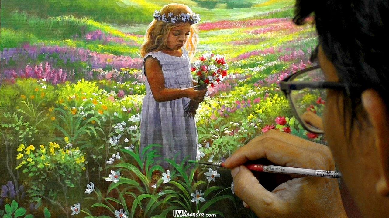 How to Paint Sunset with a Girl Picking Flowers - Full Step by Step Painting Tutorial in Acrylics 1 overlooking sunset girl picking flower