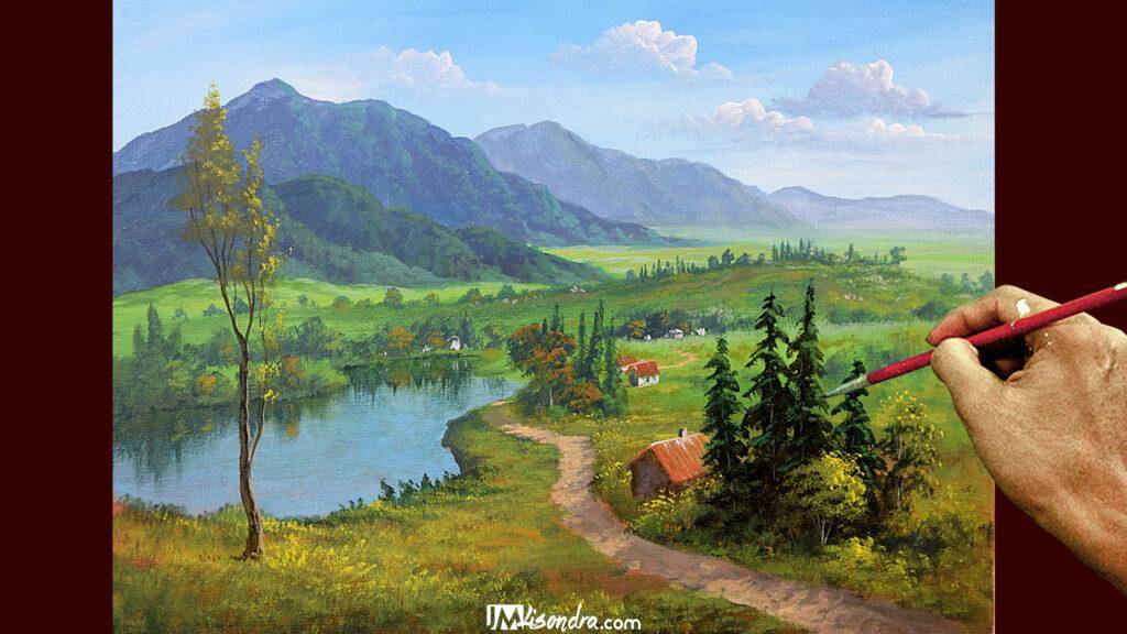 How to Paint Overlooking Lake - Full Step by Step Painting Tutorial in Acrylics