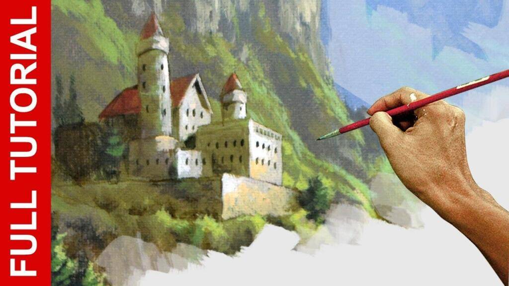 STEP-BY-STEP Acrylic Tutorial: How to Paint a Castle in the Mountains (46 Minutes) | JMLisondra