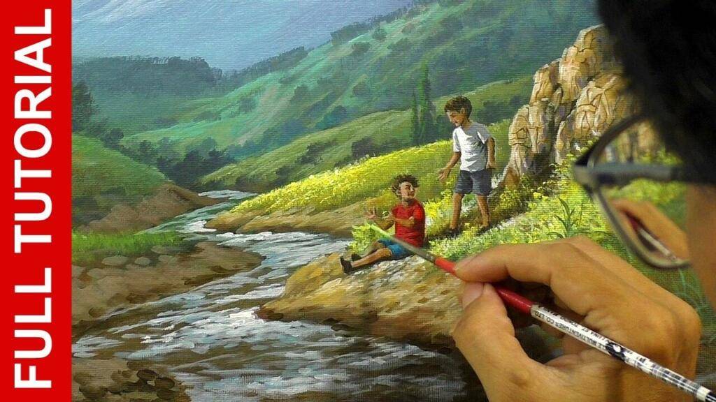 Children Beside the River Full Acrylic Painting Tutorial with Step-by-Step Instructions in 54 minutes