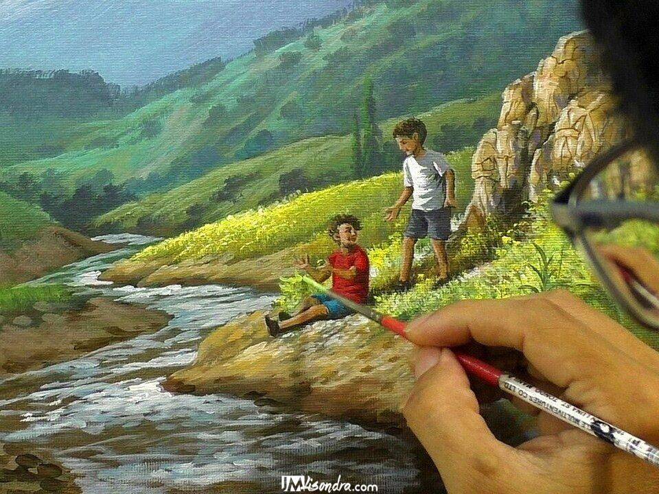 children beside the river full acrylic painting tutorial with step by step instructions - banner