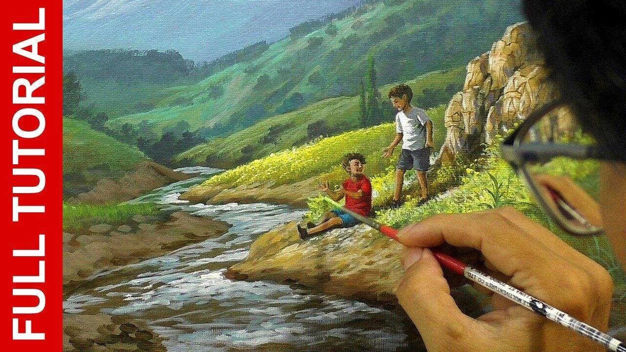 Children Beside the River Full Acrylic Painting Tutorial with Step-by-Step Instructions in 54 minutes