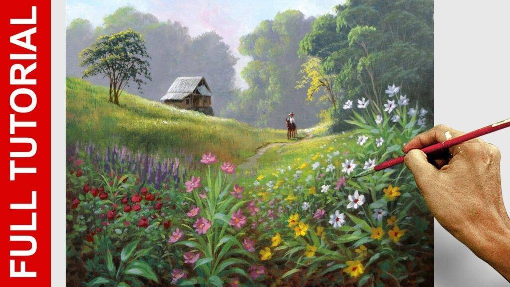 STEP-BY-STEP Tutorial: Flower Garden in the Mountain — Full 50-Minute Acrylic Lesson