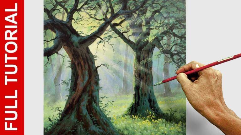 Step by Step TUTORIAL : Acrylic Landscape Painting / Trees in Forest with Sun Rays / JMLisondra