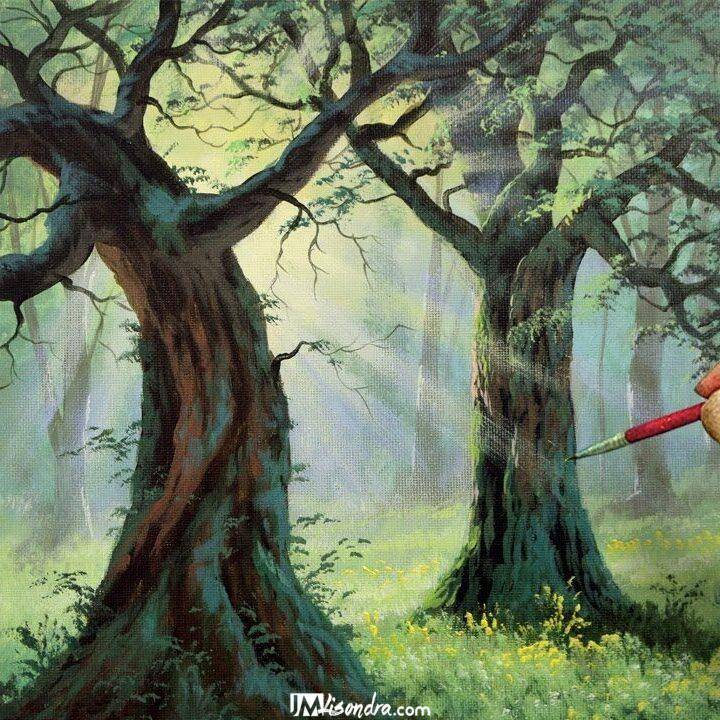 How to paint trees in forest with sun rays - finished painting