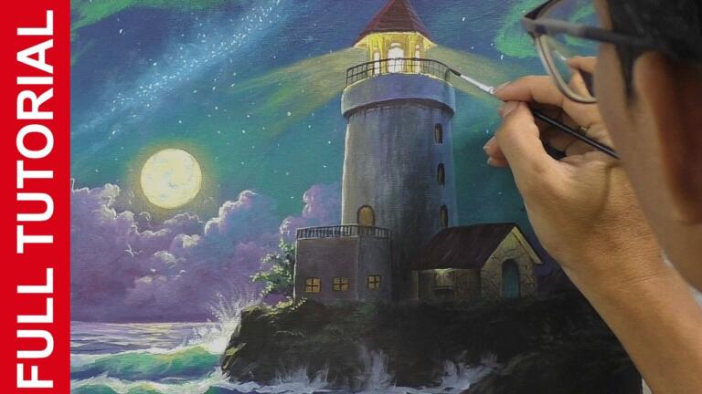 TUTORIAL : Painting Retouch / The Lighthouse in the Moonlight / Acrylics / JMLisondra