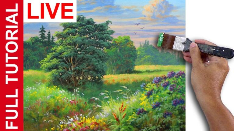LIVE | Acrylic Landscape Painting Tutorial / Flowers in the Valley / JMLisondra