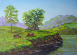 Cattle by River 12 x 16 - Susan Hooper